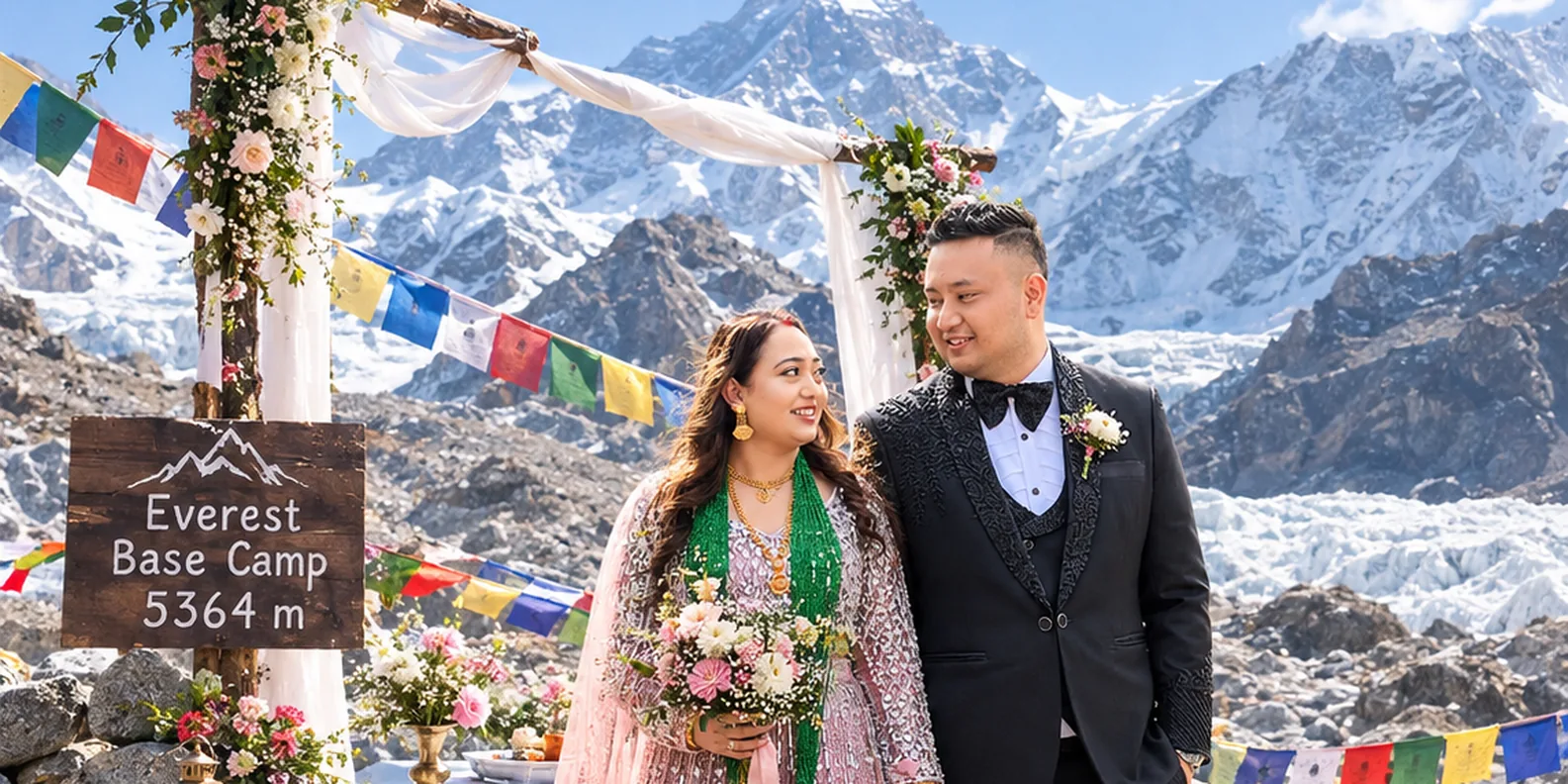 A wooden Everest Base Camp 5364 m sign beside marigold and rose flower arrangements at a high-altitude wedding
