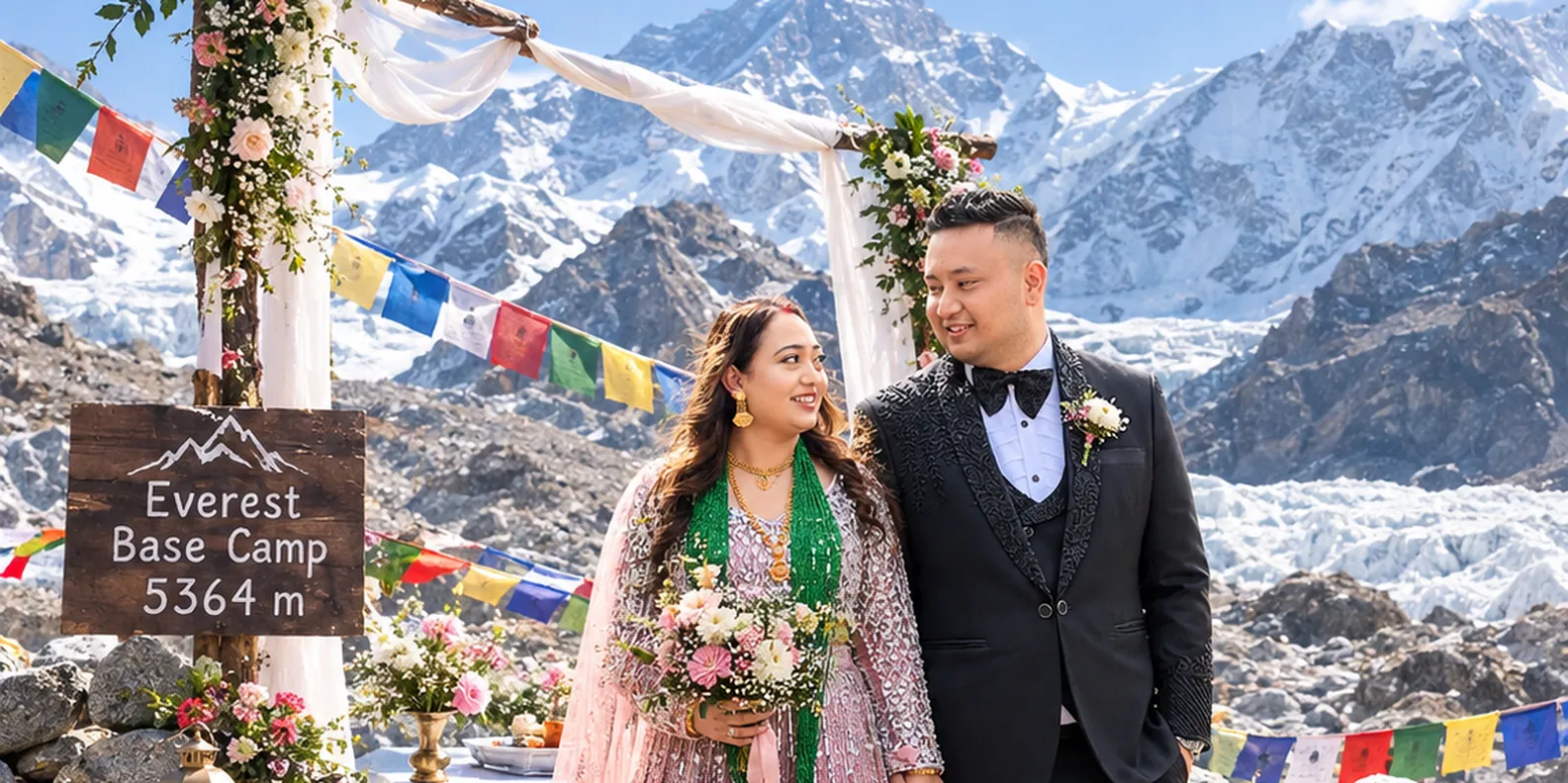 A bride in a pink embroidered lehenga and a groom in a black tuxedo standing under a flower-covered wooden wedding arch at Everest Base Camp